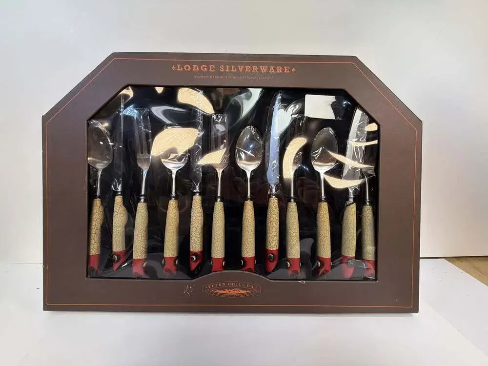 NIB Teton Grill Co Lodge Silverware 12 Pc Set Fishing Lure Handle Cabin Vintage